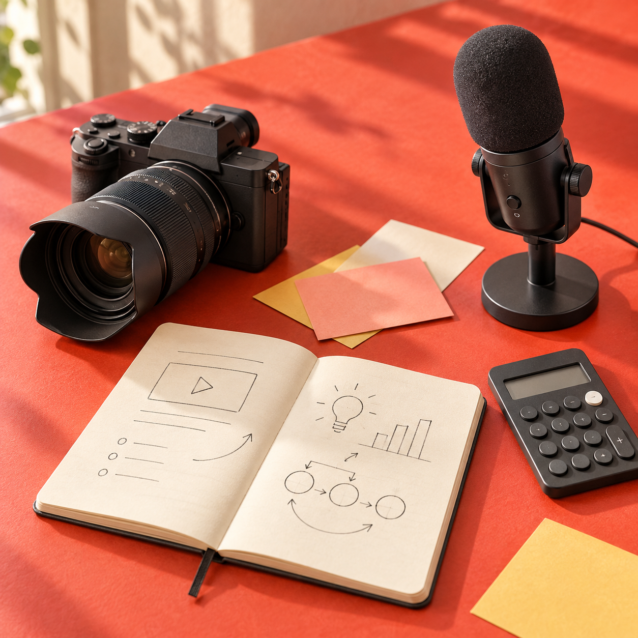 A sunlit creator’s workbench with a camera, microphone, notebook and calculator on a red tabletop.